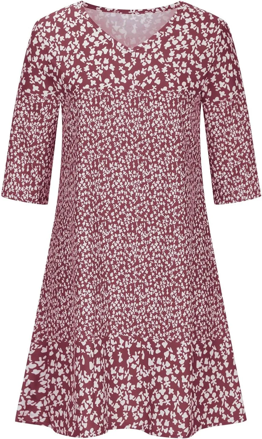 Summer Dresses for Women 2025 Vacation Floral Print 3/4 Sleeve V Neck Dress Comfy Lightweight Casual Fashion Dress