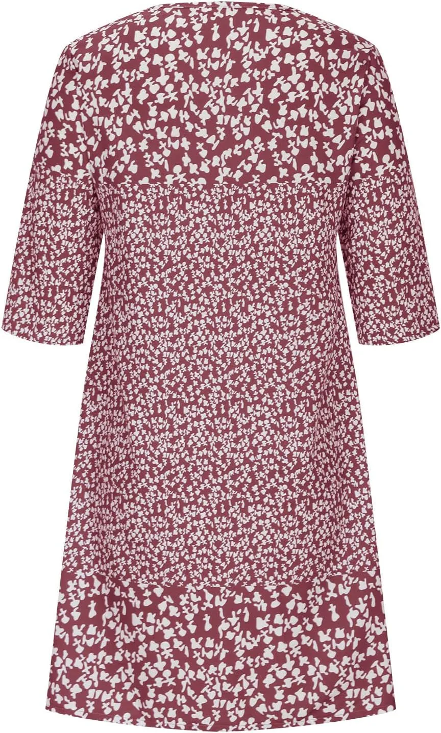 Summer Dresses for Women 2025 Vacation Floral Print 3/4 Sleeve V Neck Dress Comfy Lightweight Casual Fashion Dress