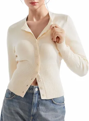 SUUKSESS Women Button Down Cardigan Crew Neck Sweaters Ribbed Knitted Slim Fit Tops