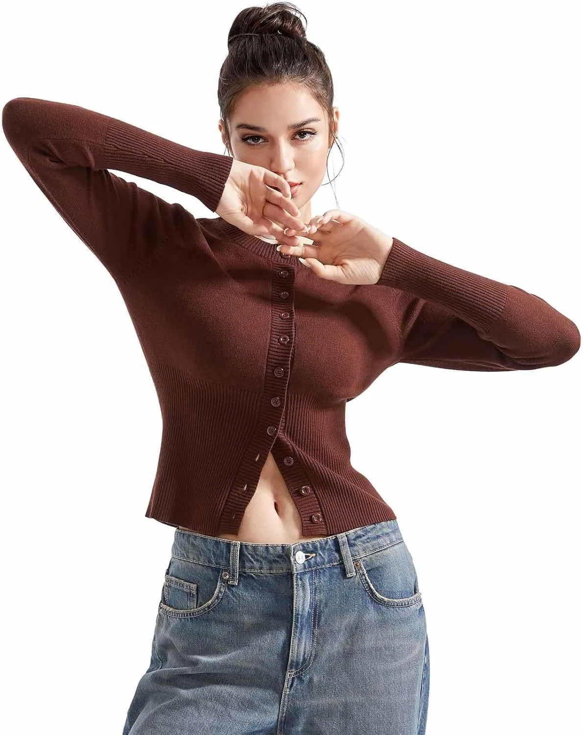 SUUKSESS Women Button Down Cardigan Crew Neck Sweaters Ribbed Knitted Slim Fit Tops