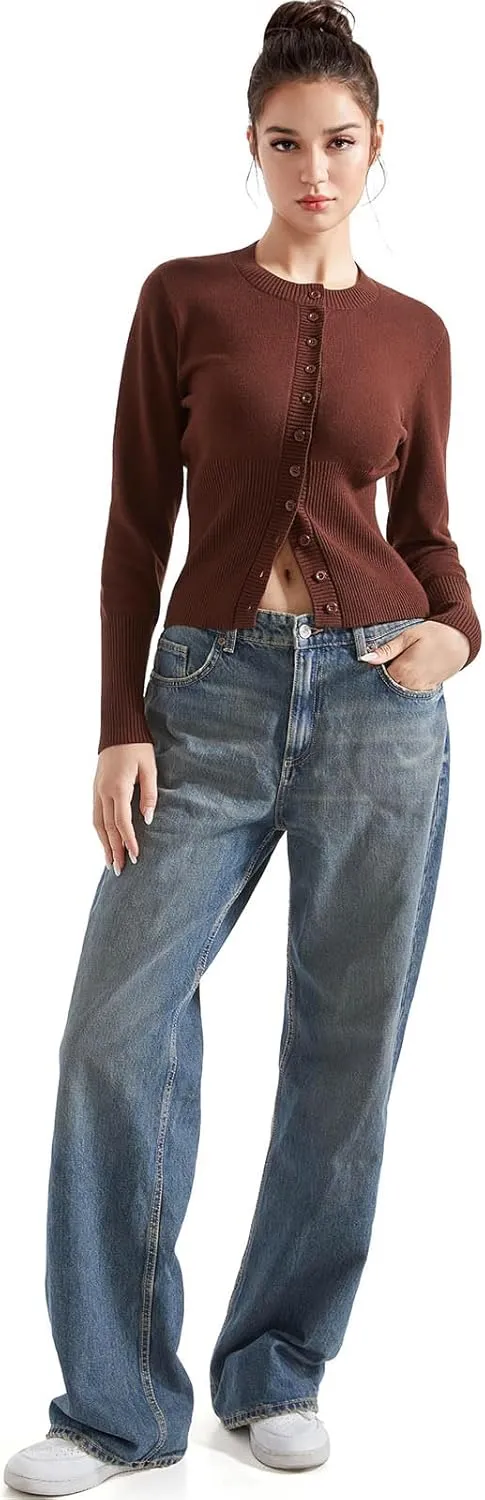 SUUKSESS Women Button Down Cardigan Crew Neck Sweaters Ribbed Knitted Slim Fit Tops