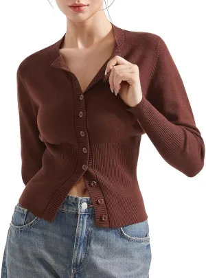 SUUKSESS Women Button Down Cardigan Crew Neck Sweaters Ribbed Knitted Slim Fit Tops