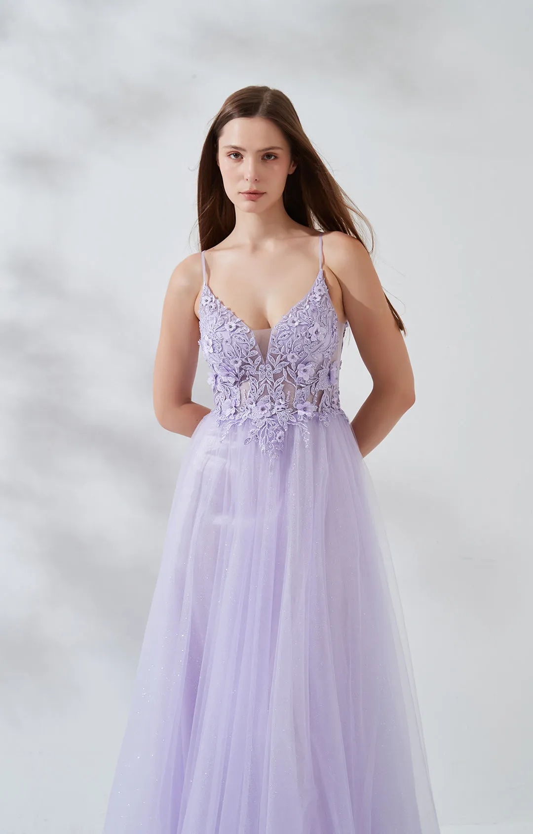 V-neck Wide Strap Lace Embroidered Appliqu Floor Length Dress