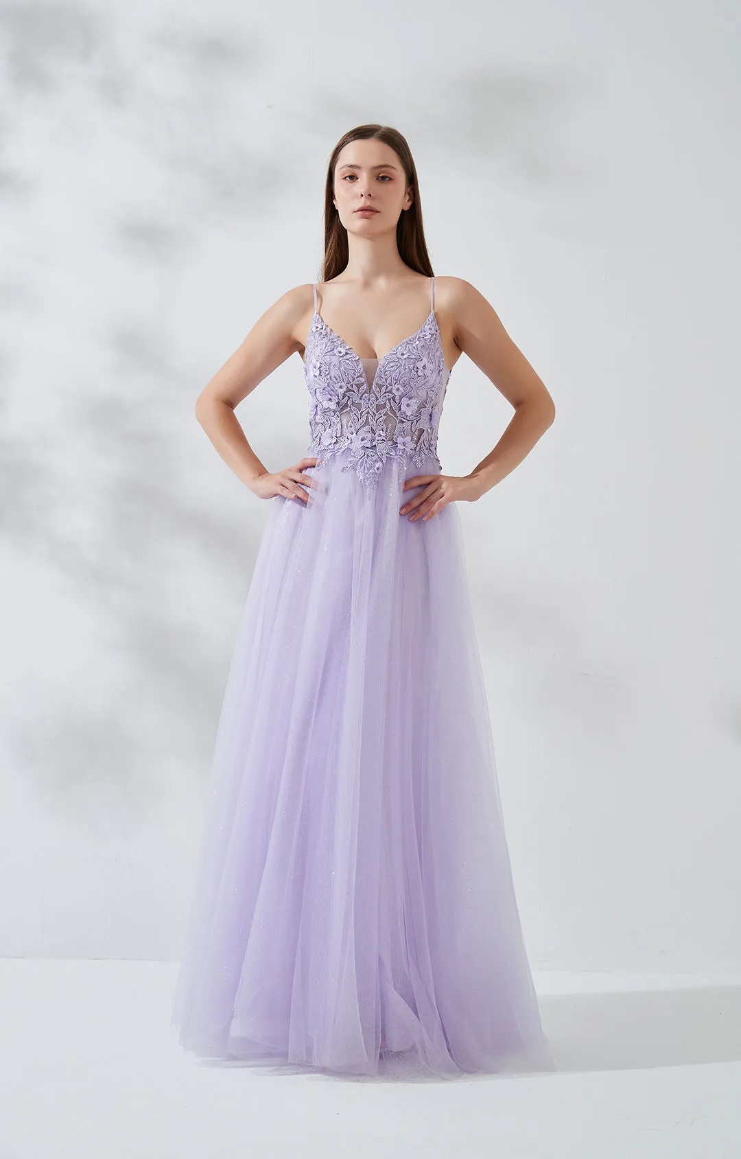 V-neck Wide Strap Lace Embroidered Appliqu Floor Length Dress