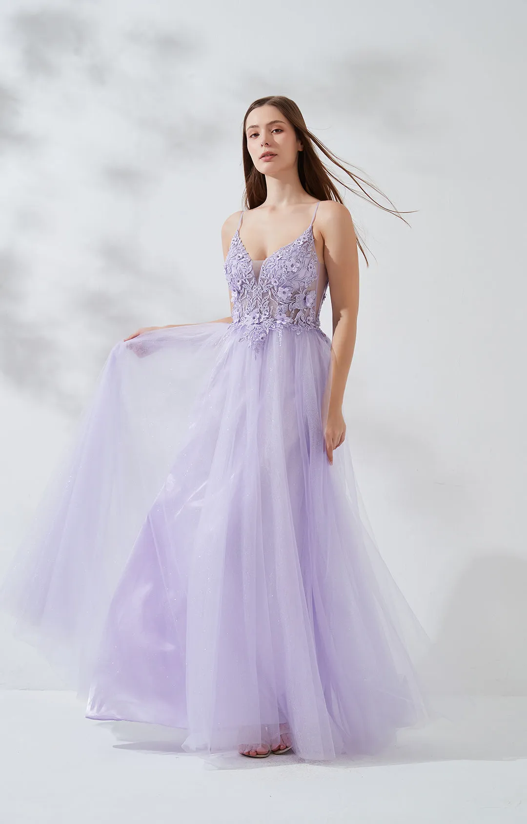 V-neck Wide Strap Lace Embroidered Appliqu Floor Length Dress