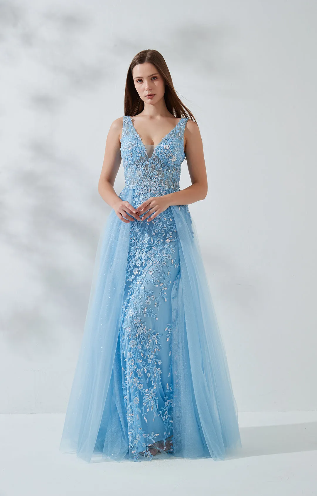 V-Neck Wide Strap Sleeveless Lace Embroidered Sequin Prom Dress