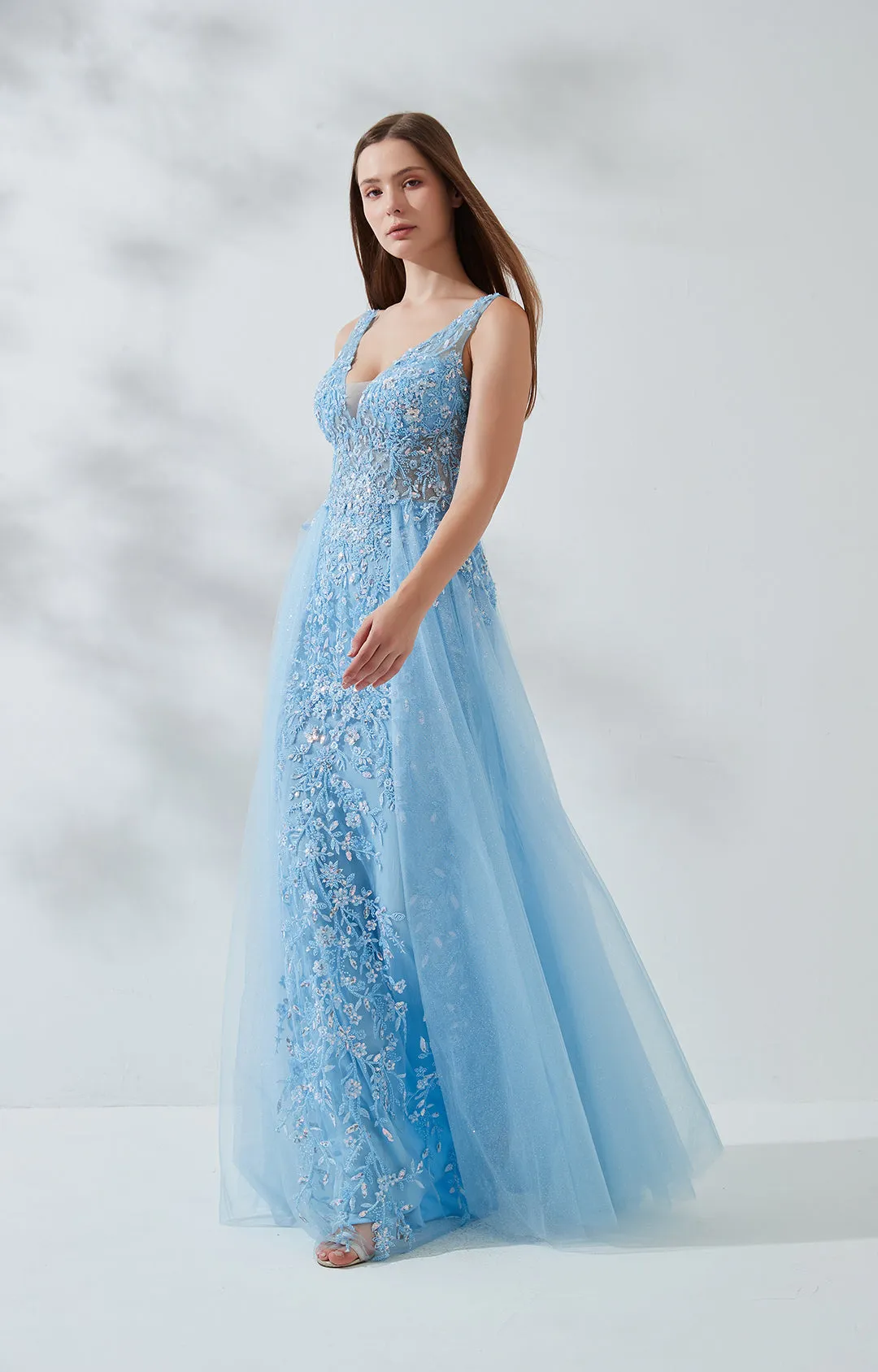 V-Neck Wide Strap Sleeveless Lace Embroidered Sequin Prom Dress