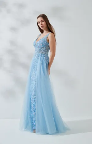 V-Neck Wide Strap Sleeveless Lace Embroidered Sequin Prom Dress
