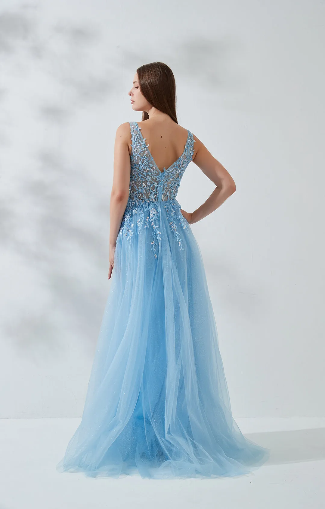 V-Neck Wide Strap Sleeveless Lace Embroidered Sequin Prom Dress