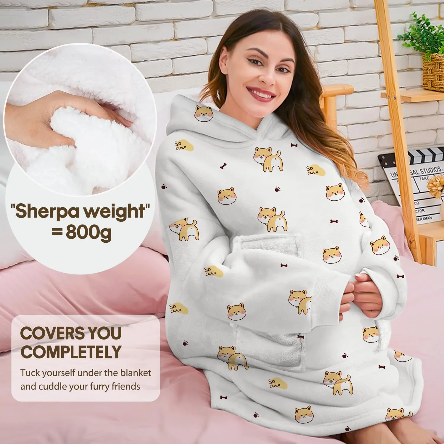Wearable Blanket Hoodie Gifts for Adults Mom Women Men Oversized Fluffy Hoodie Cozy Hideout Hoodie Sweatshirt Sweater Blanket with Pocket (Dogs)