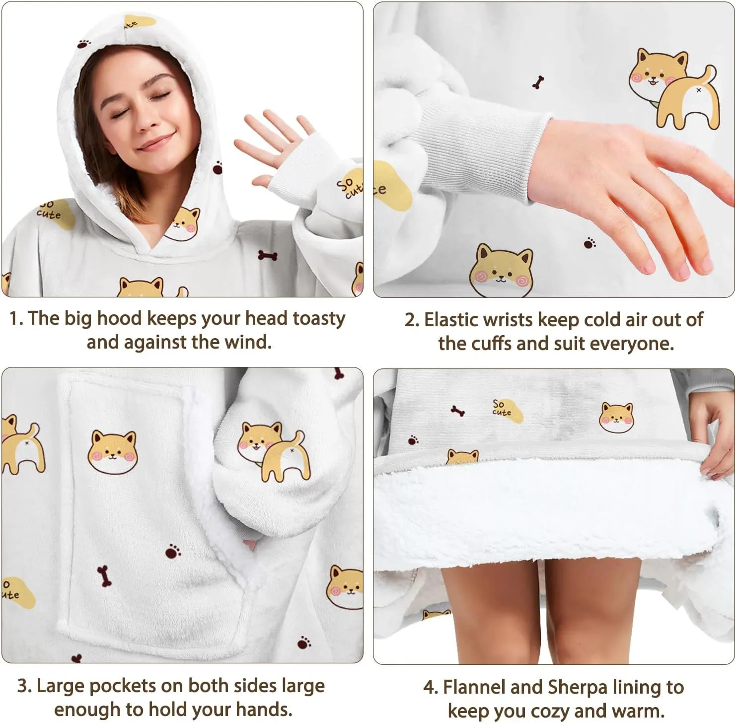 Wearable Blanket Hoodie Gifts for Adults Mom Women Men Oversized Fluffy Hoodie Cozy Hideout Hoodie Sweatshirt Sweater Blanket with Pocket (Dogs)