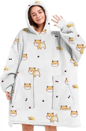 Wearable Blanket Hoodie Gifts for Adults Mom Women Men Oversized Fluffy Hoodie Cozy Hideout Hoodie Sweatshirt Sweater Blanket with Pocket (Dogs)