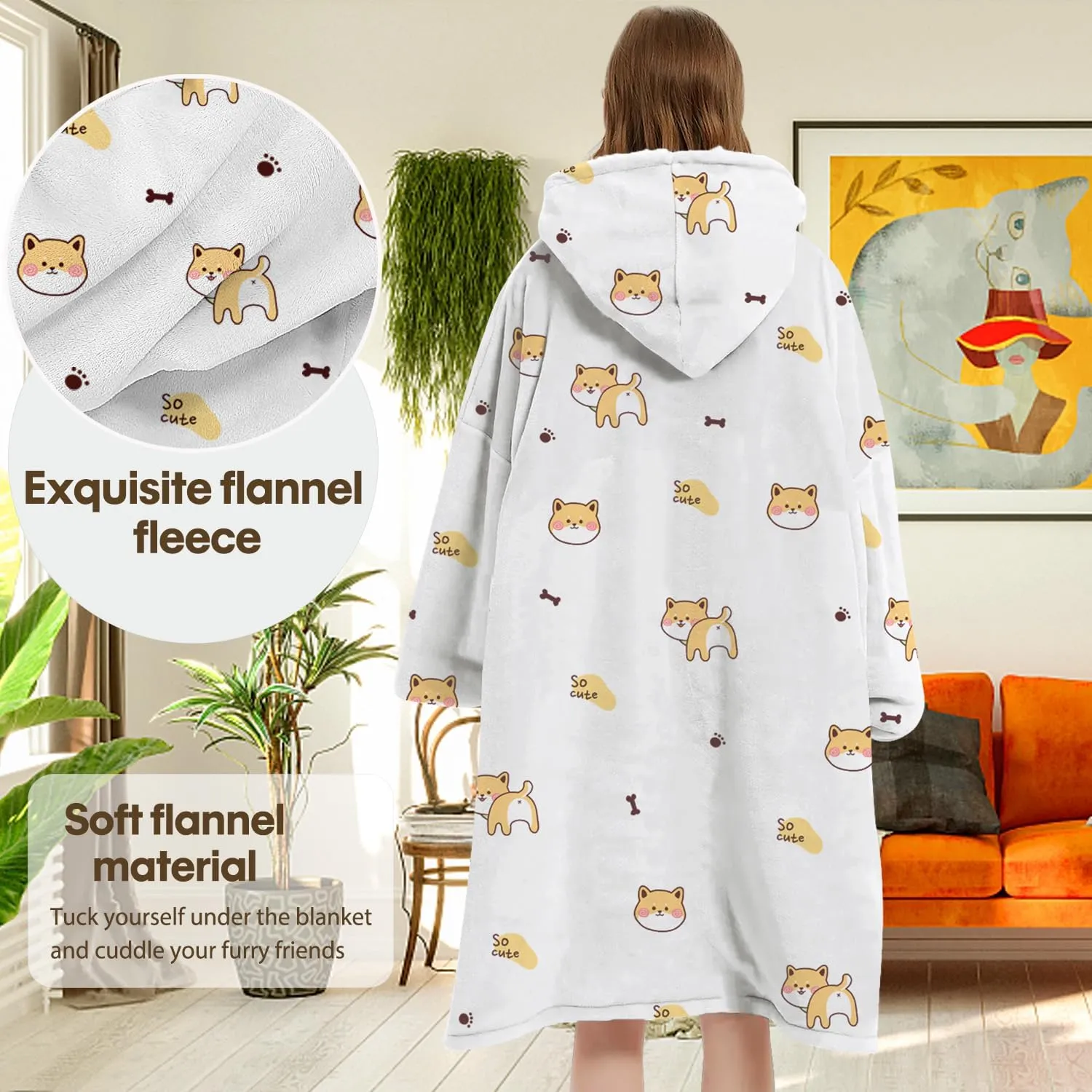 Wearable Blanket Hoodie Gifts for Adults Mom Women Men Oversized Fluffy Hoodie Cozy Hideout Hoodie Sweatshirt Sweater Blanket with Pocket (Dogs)