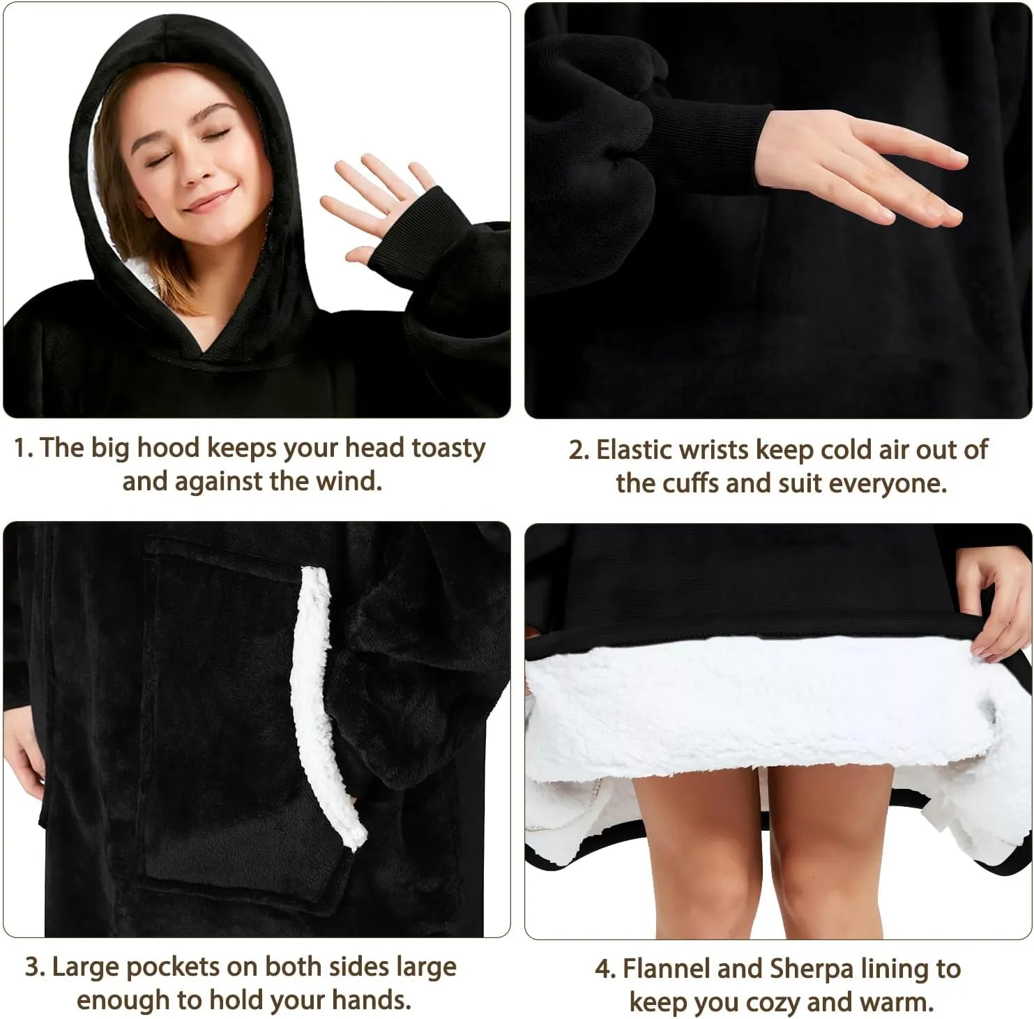 Wearable Blanket Hoodie Oversized Fluffy Blanket Hoodie Cozy Hideout Hoodie for Adults Women Men Sweatshirt Sweater Blanket with Pocket (Black)