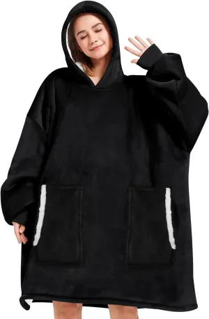 Wearable Blanket Hoodie Oversized Fluffy Blanket Hoodie Cozy Hideout Hoodie for Adults Women Men Sweatshirt Sweater Blanket with Pocket (Black)