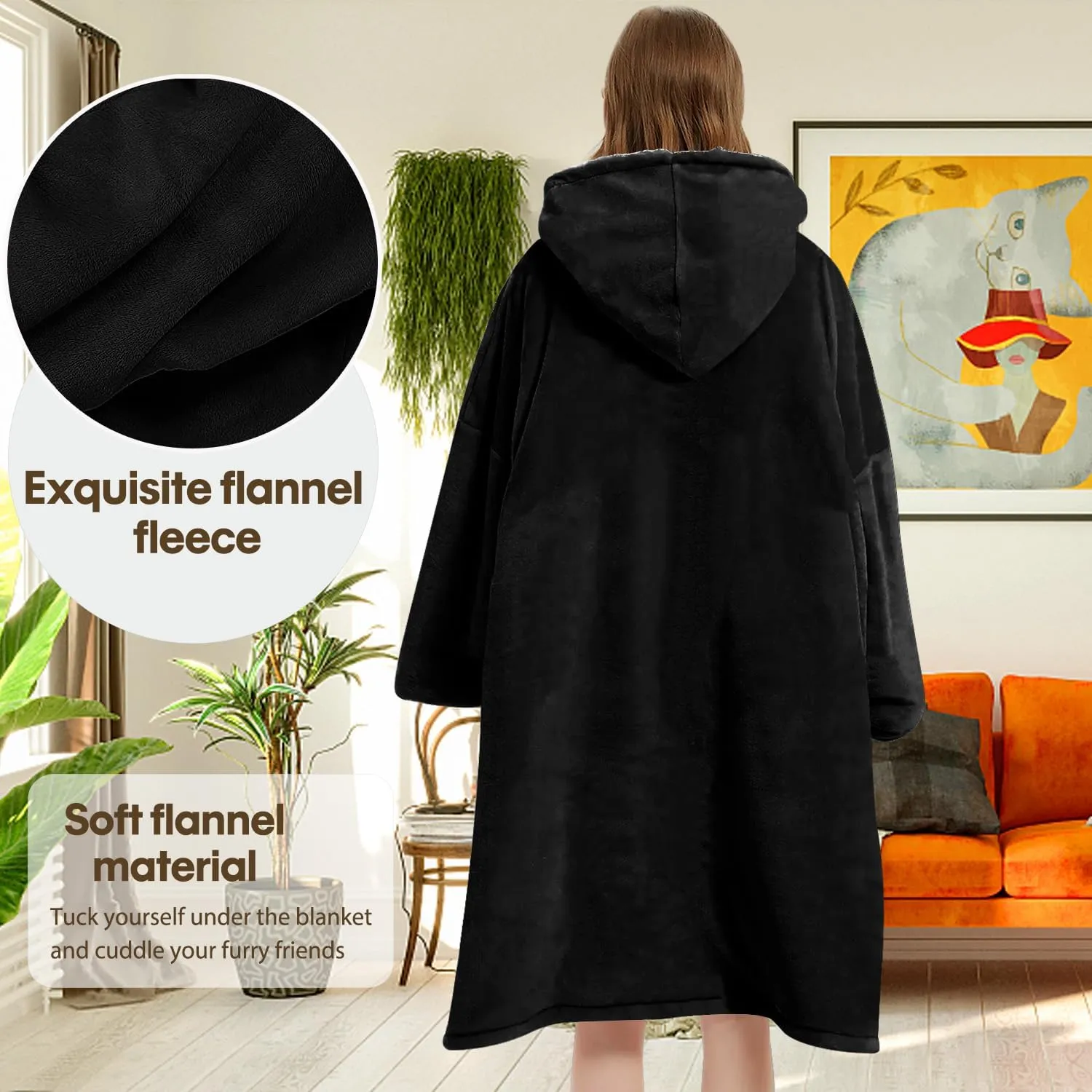 Wearable Blanket Hoodie Oversized Fluffy Blanket Hoodie Cozy Hideout Hoodie for Adults Women Men Sweatshirt Sweater Blanket with Pocket (Black)