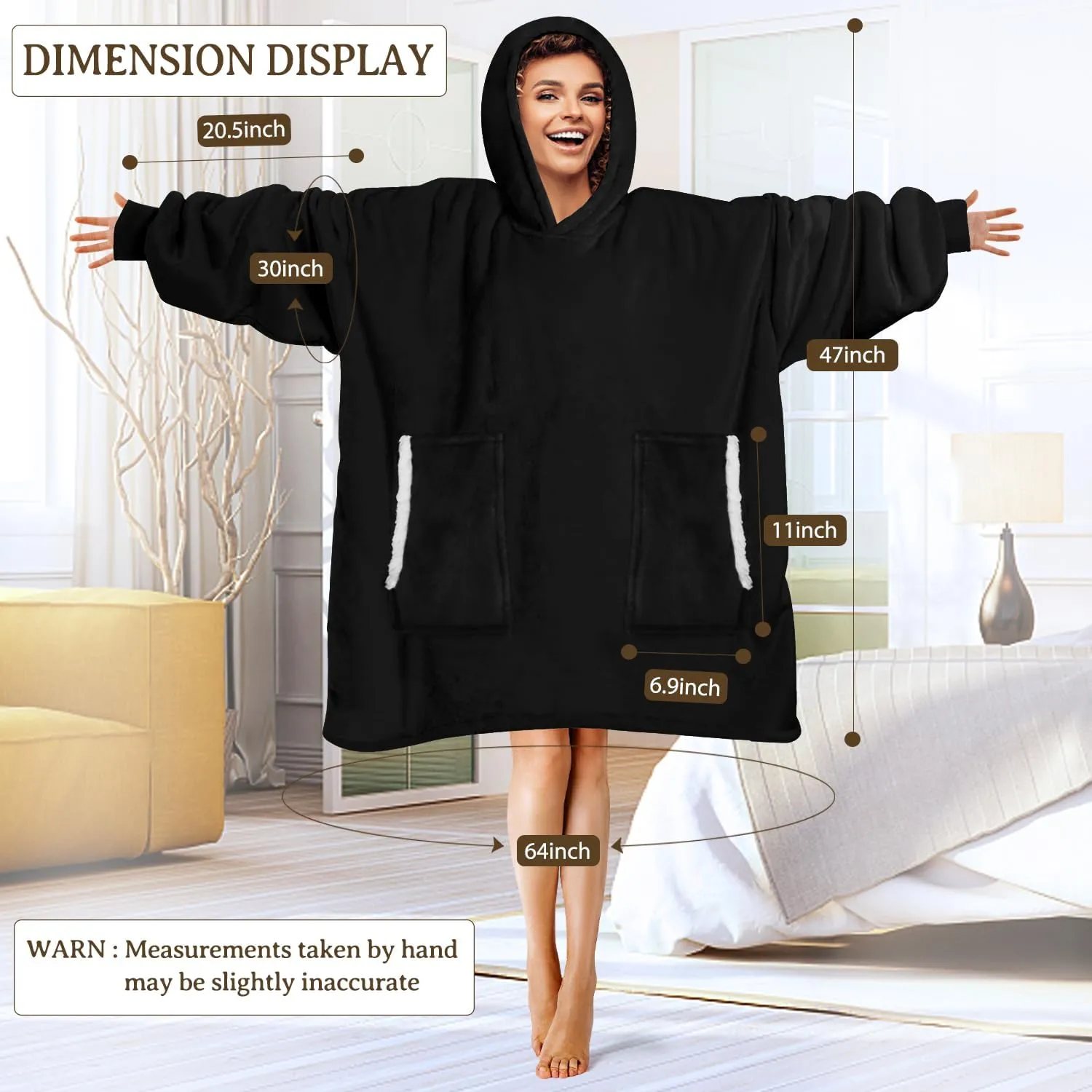 Wearable Blanket Hoodie Oversized Fluffy Blanket Hoodie Cozy Hideout Hoodie for Adults Women Men Sweatshirt Sweater Blanket with Pocket (Black)