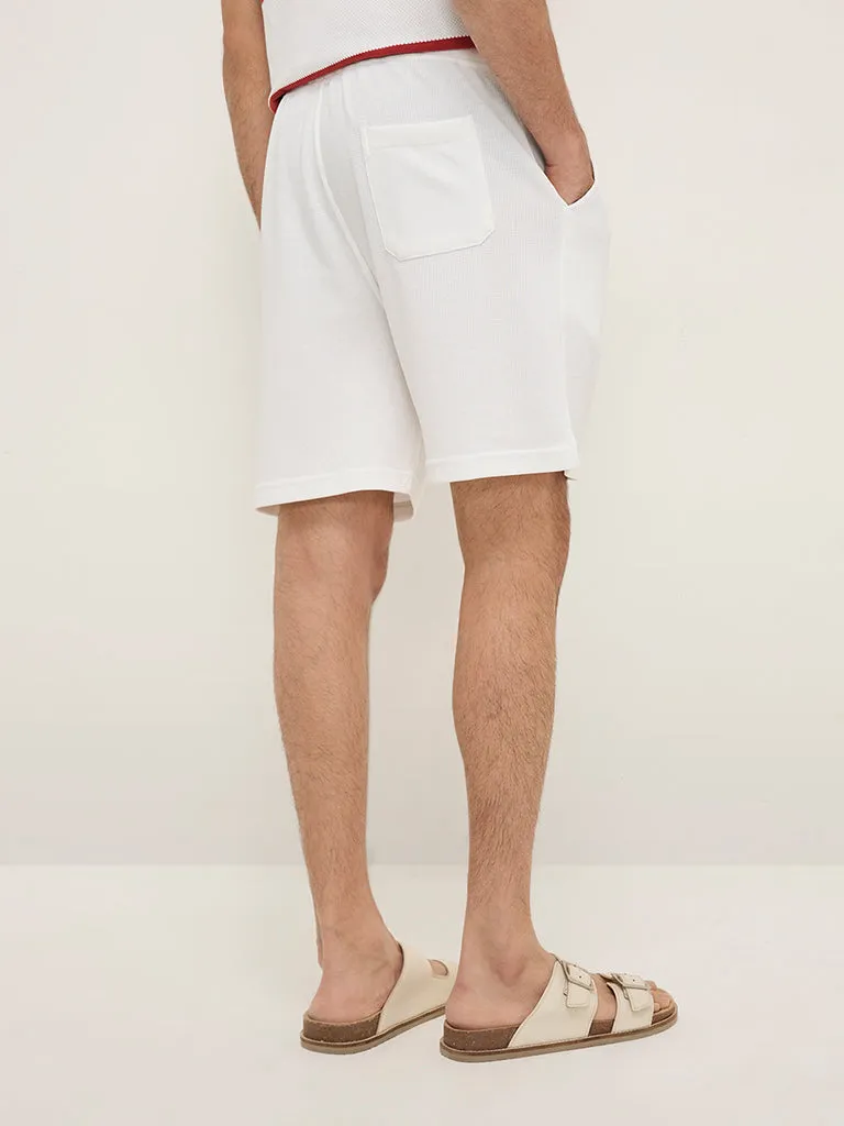 WES Lounge White Waffle-Textured Relaxed-Fit Mid-Rise Cotton-Blend Shorts