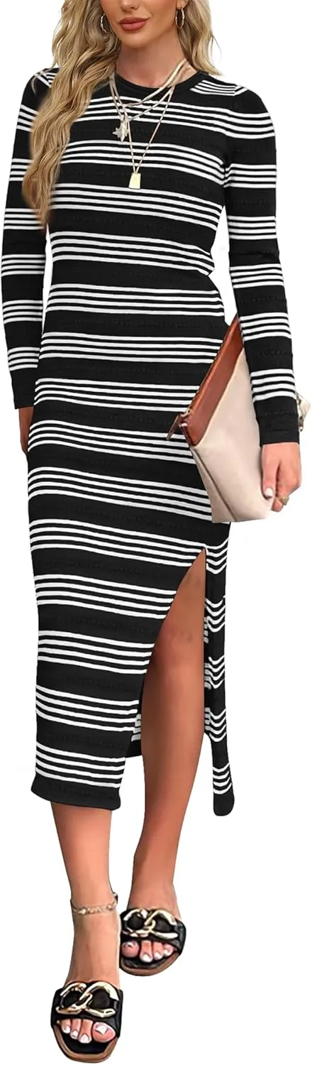 WIHOLL Womens Lightweight Knit Spring Sweater Dress Long Sleeve Fitted Side Slit Soft Dresses 2025