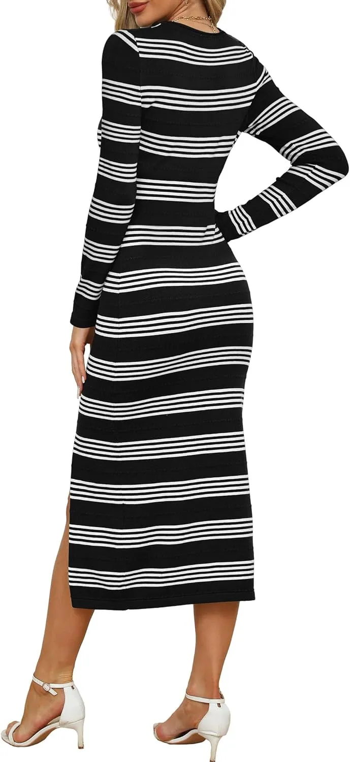 WIHOLL Womens Lightweight Knit Spring Sweater Dress Long Sleeve Fitted Side Slit Soft Dresses 2025