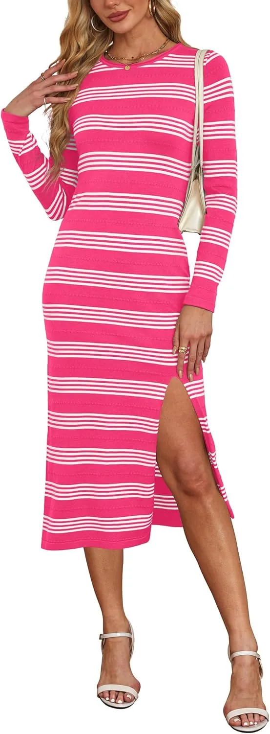 WIHOLL Womens Lightweight Knit Spring Sweater Dress Long Sleeve Fitted Side Slit Soft Dresses 2025