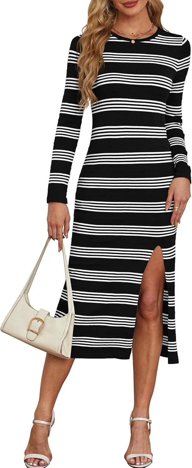 WIHOLL Womens Lightweight Knit Spring Sweater Dress Long Sleeve Fitted Side Slit Soft Dresses 2025