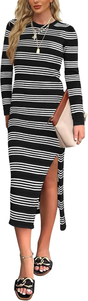 WIHOLL Womens Lightweight Knit Spring Sweater Dress Long Sleeve Fitted Side Slit Soft Dresses 2025