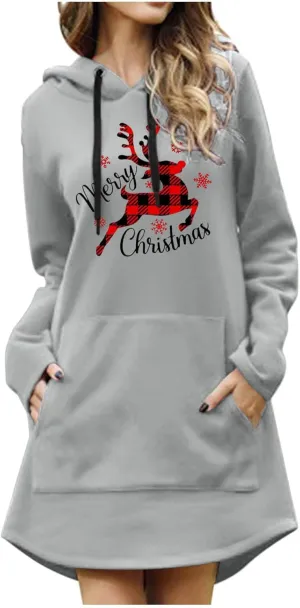Women Christmas Hooded Sweatshirts Long Sleeve Drawstring Lightweight Printed Mid-Length Casual Hoodie Pullover Dress