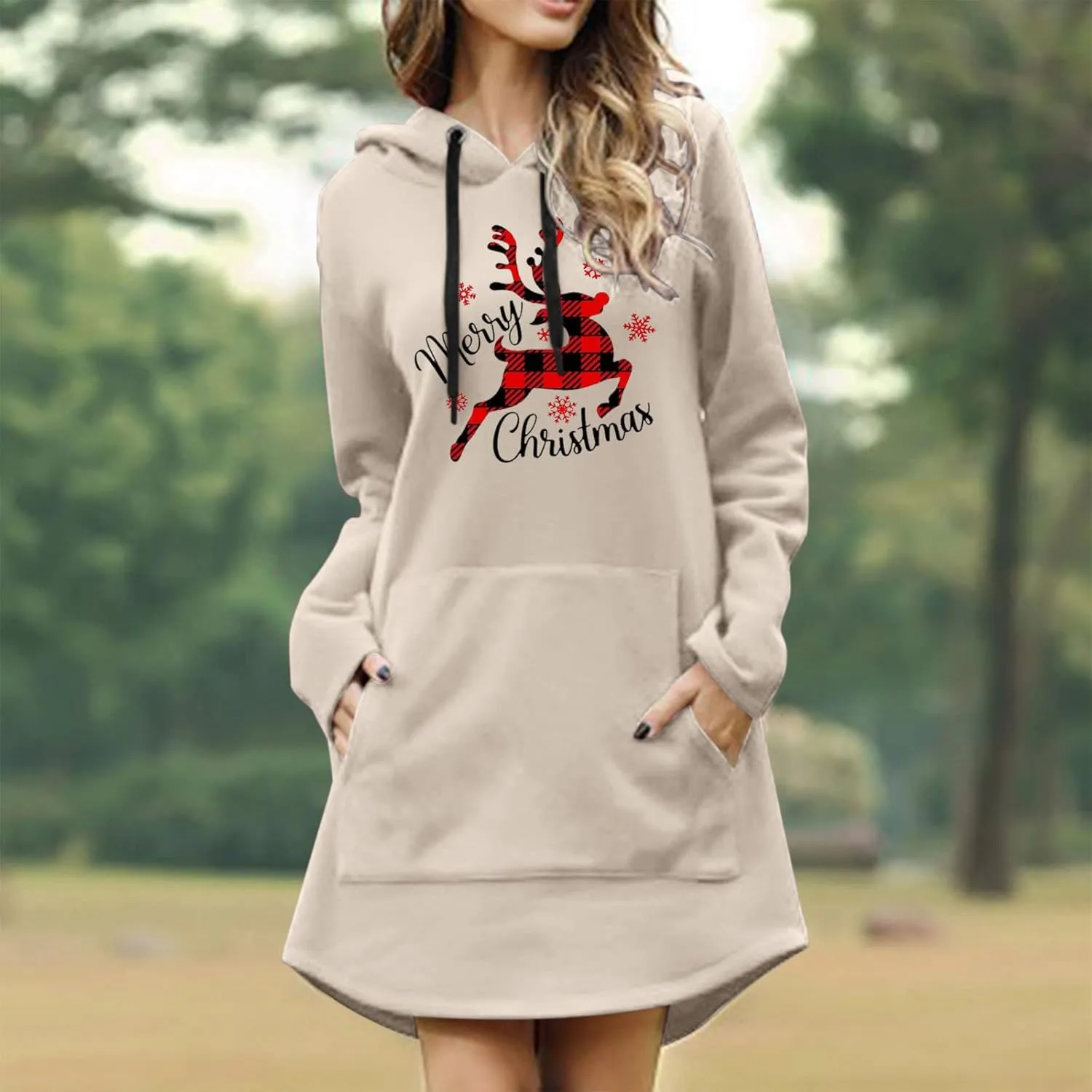 Women Christmas Hooded Sweatshirts Long Sleeve Drawstring Lightweight Printed Mid-Length Casual Hoodie Pullover Dress