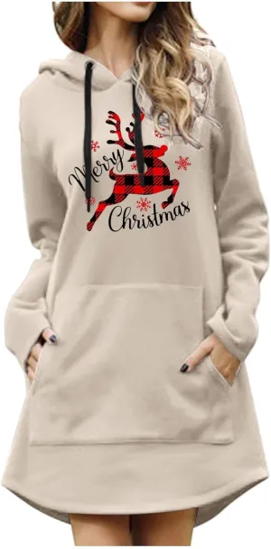 Women Christmas Hooded Sweatshirts Long Sleeve Drawstring Lightweight Printed Mid-Length Casual Hoodie Pullover Dress