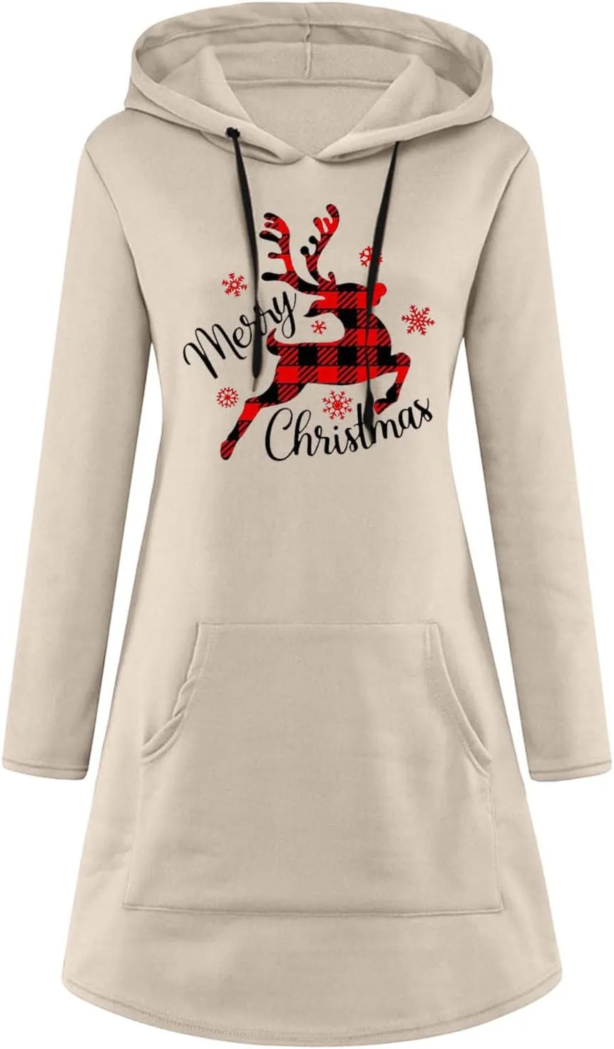 Women Christmas Hooded Sweatshirts Long Sleeve Drawstring Lightweight Printed Mid-Length Casual Hoodie Pullover Dress