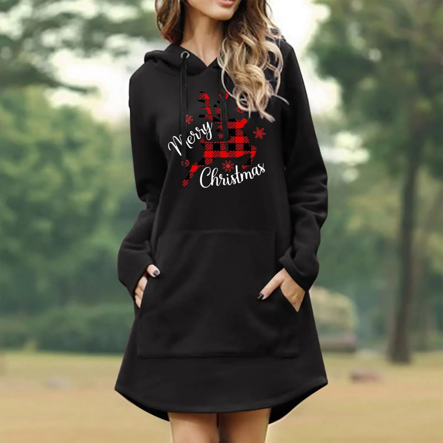 Women Christmas Hooded Sweatshirts Long Sleeve Drawstring Lightweight Printed Mid-Length Casual Hoodie Pullover Dress