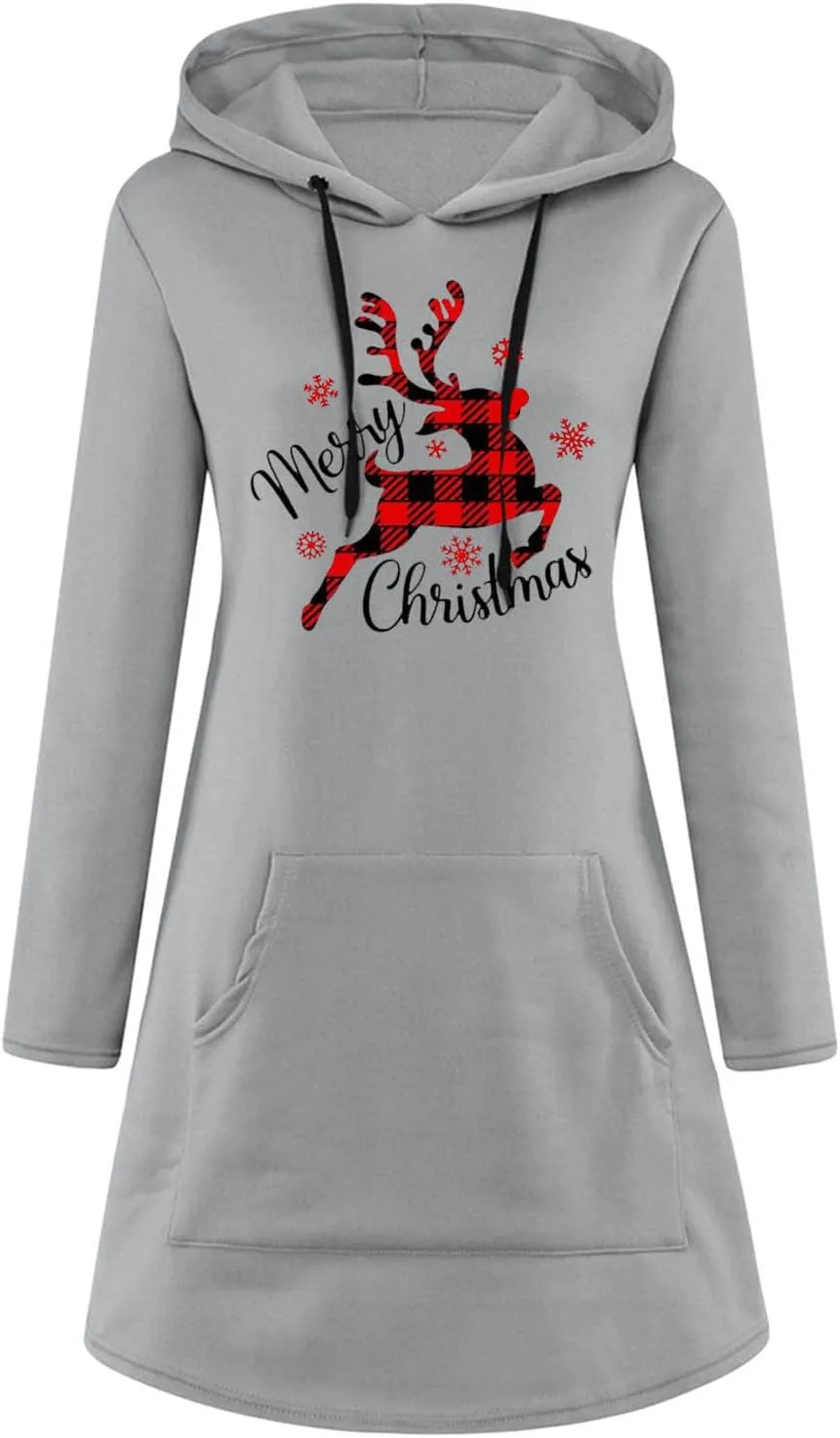 Women Christmas Hooded Sweatshirts Long Sleeve Drawstring Lightweight Printed Mid-Length Casual Hoodie Pullover Dress