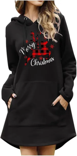 Women Christmas Hooded Sweatshirts Long Sleeve Drawstring Lightweight Printed Mid-Length Casual Hoodie Pullover Dress