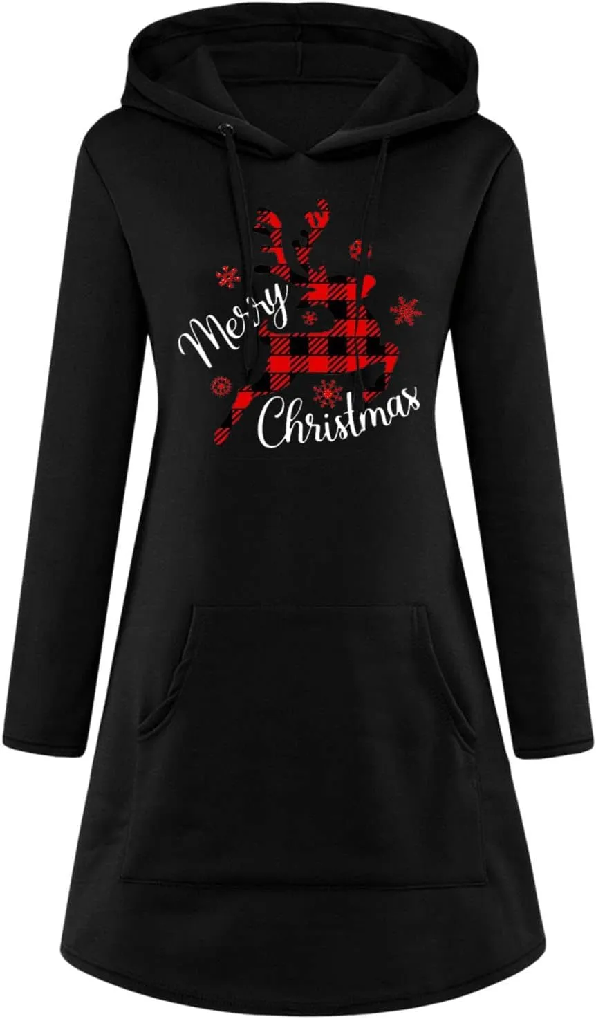 Women Christmas Hooded Sweatshirts Long Sleeve Drawstring Lightweight Printed Mid-Length Casual Hoodie Pullover Dress