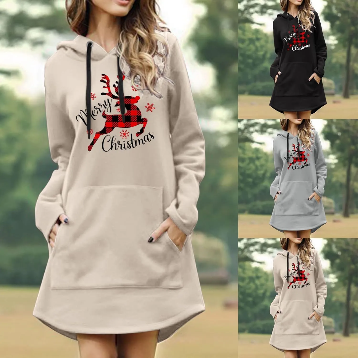 Women Christmas Hooded Sweatshirts Long Sleeve Drawstring Lightweight Printed Mid-Length Casual Hoodie Pullover Dress