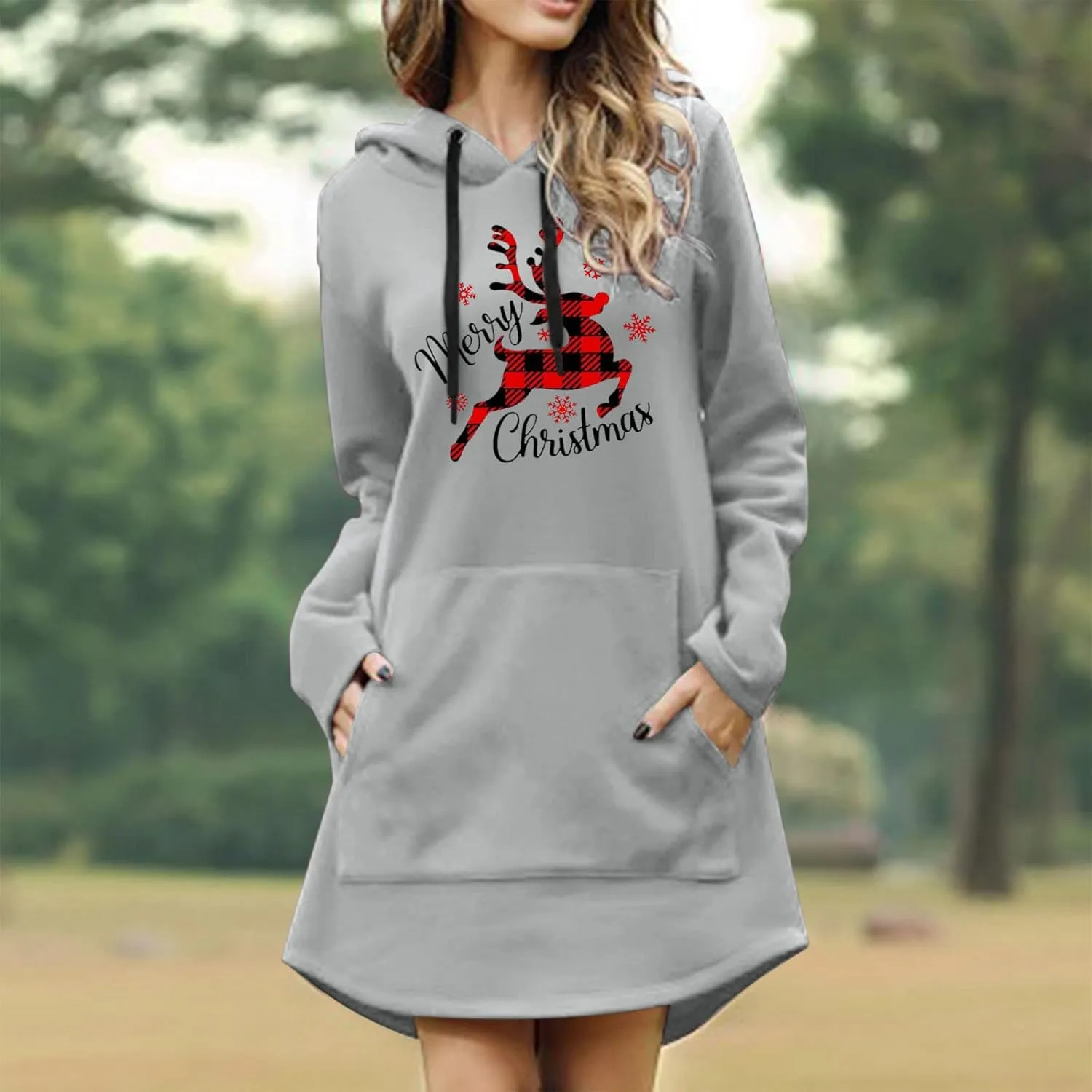 Women Christmas Hooded Sweatshirts Long Sleeve Drawstring Lightweight Printed Mid-Length Casual Hoodie Pullover Dress