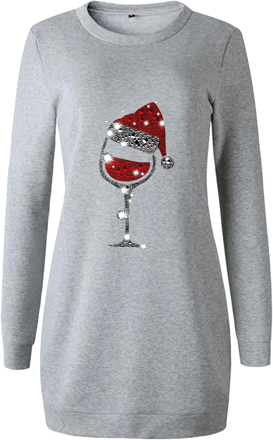 Women Christmas Sweatershirts Dress Casual Loose Solid Color Printed Lightweight Tunic Midi Pullover Jumper Dress