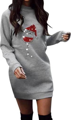 Women Christmas Sweatershirts Dress Casual Loose Solid Color Printed Lightweight Tunic Midi Pullover Jumper Dress