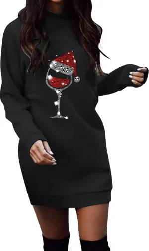 Women Christmas Sweatershirts Dress Casual Loose Solid Color Printed Lightweight Tunic Midi Pullover Jumper Dress