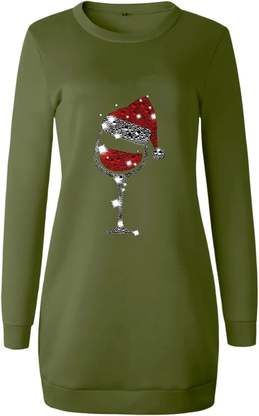 Women Christmas Sweatershirts Dress Casual Loose Solid Color Printed Lightweight Tunic Midi Pullover Jumper Dress