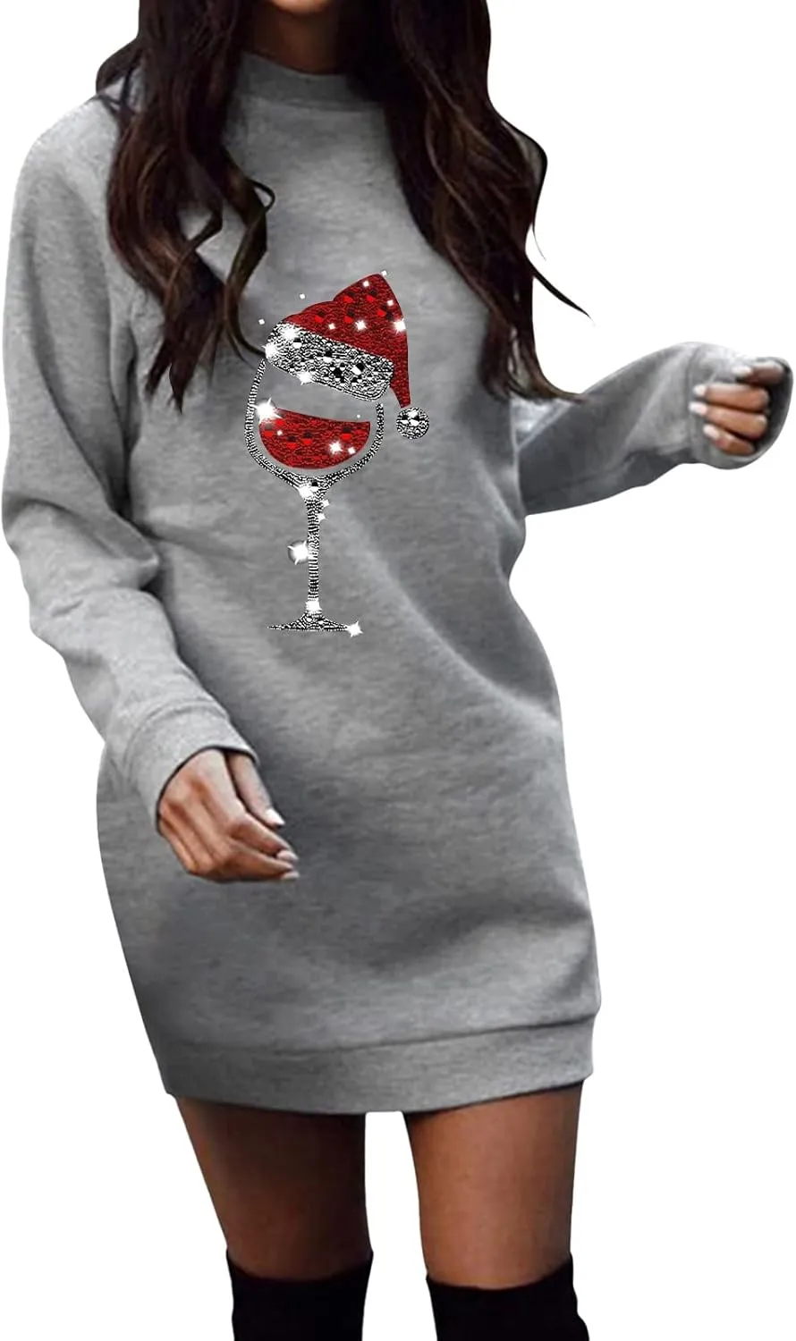 Women Christmas Sweatershirts Dress Casual Loose Solid Color Printed Lightweight Tunic Midi Pullover Jumper Dress