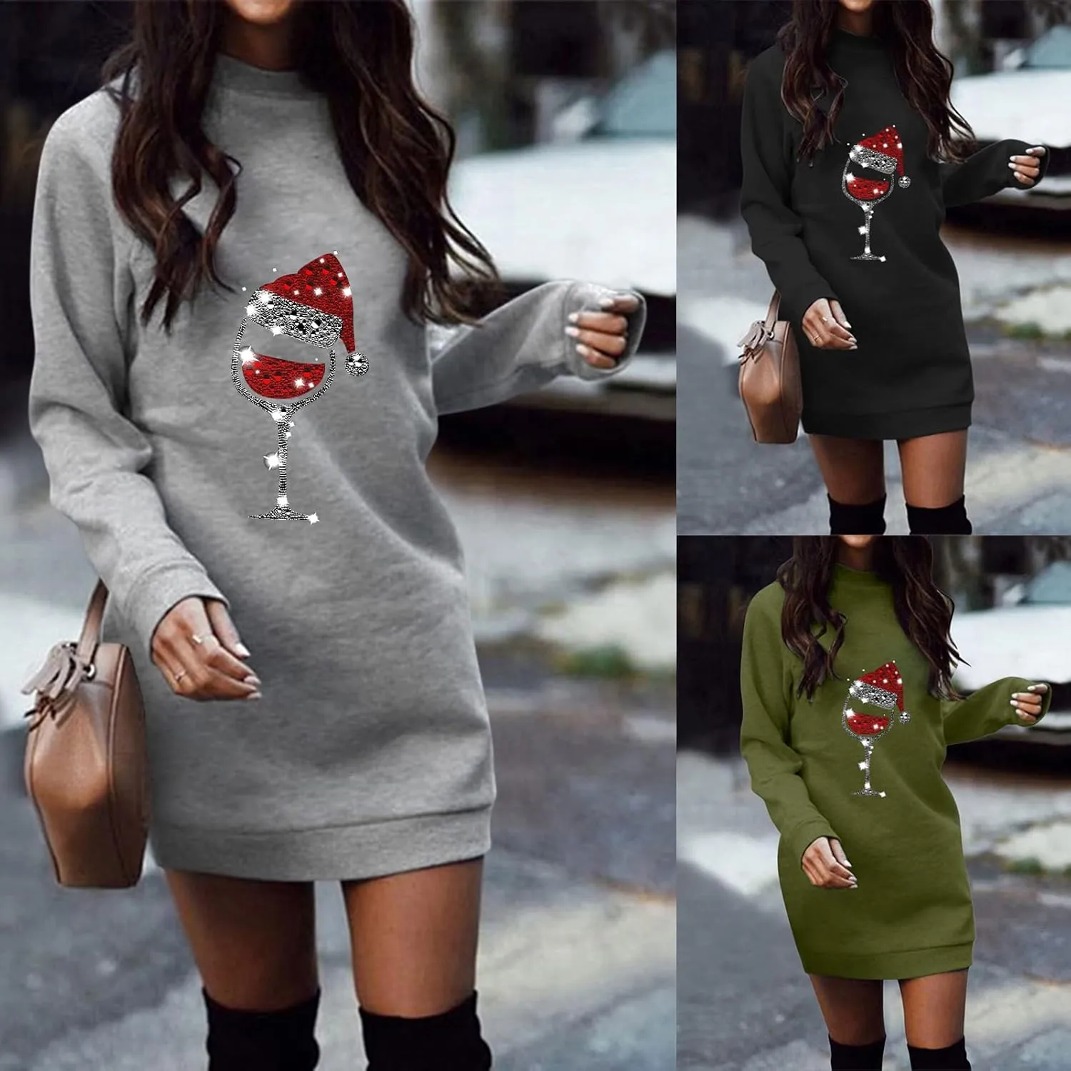 Women Christmas Sweatershirts Dress Casual Loose Solid Color Printed Lightweight Tunic Midi Pullover Jumper Dress