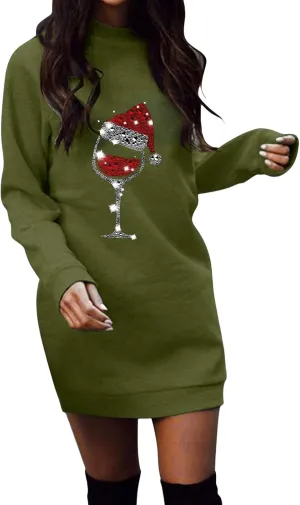 Women Christmas Sweatershirts Dress Casual Loose Solid Color Printed Lightweight Tunic Midi Pullover Jumper Dress