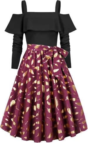 Women's Casual Dresses Womens Long Sleeve Dress A-Line Off Shoulder Pleated A-Line Flowy Tie Waist Mini Dress