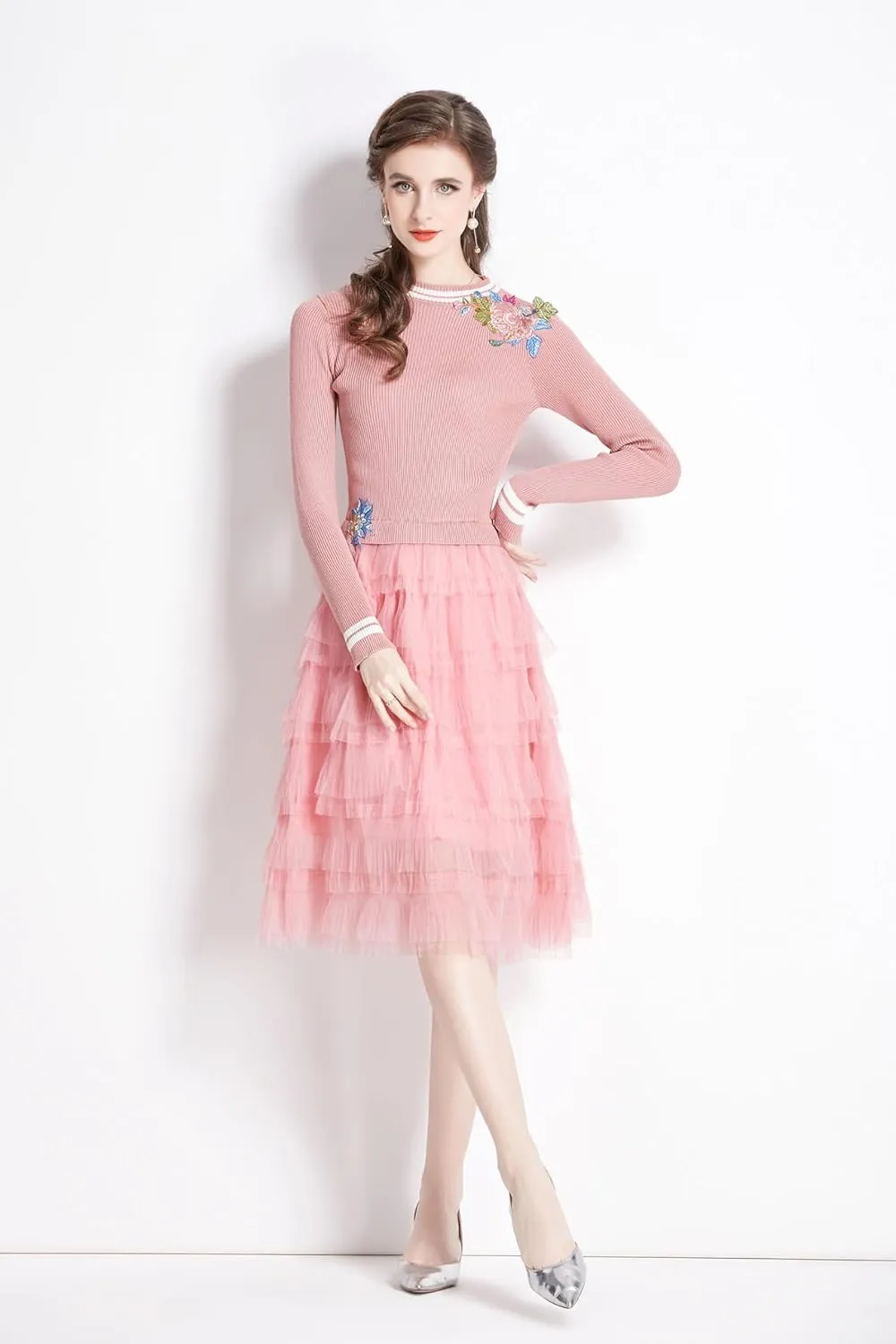 Women's Crewneck Embroidered Sweater Knit Tops Mesh Pleated Skirt Long Sleeve Midi Dress