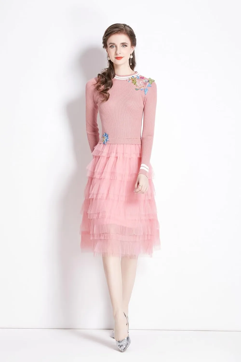 Women's Crewneck Embroidered Sweater Knit Tops Mesh Pleated Skirt Long Sleeve Midi Dress