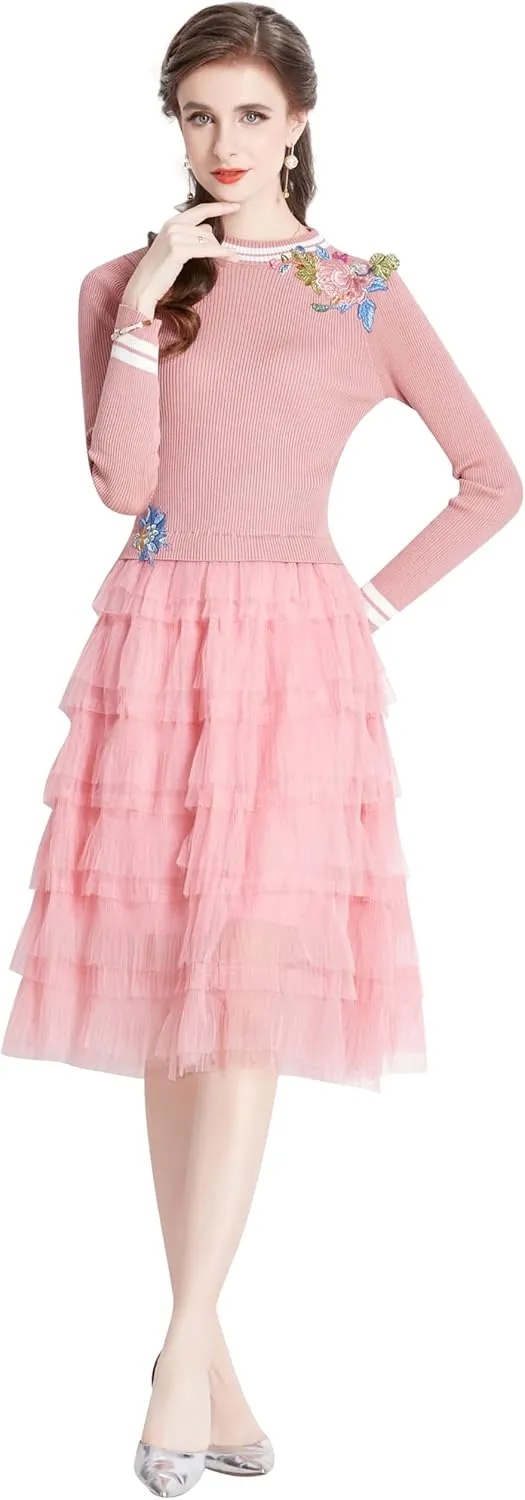 Women's Crewneck Embroidered Sweater Knit Tops Mesh Pleated Skirt Long Sleeve Midi Dress
