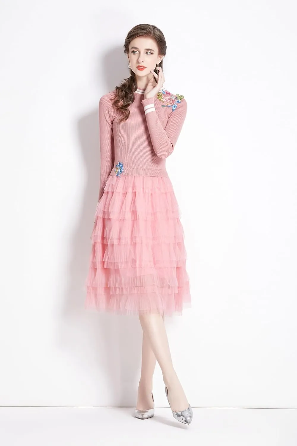 Women's Crewneck Embroidered Sweater Knit Tops Mesh Pleated Skirt Long Sleeve Midi Dress