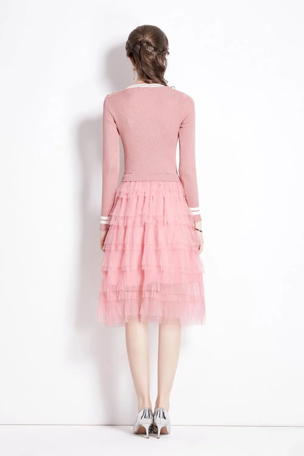 Women's Crewneck Embroidered Sweater Knit Tops Mesh Pleated Skirt Long Sleeve Midi Dress